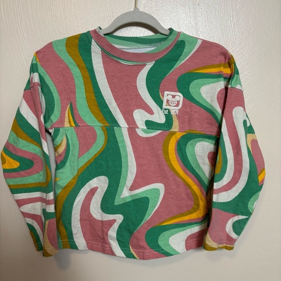 Disney World Parks Girls Kids Swirl Spirit Jersey Green Pink Size Medium 7/8 - Picture 1 of 6